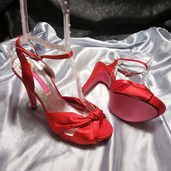 NIB PROMISCUOUS red satin strappy heels BELLE 10 - Picture 2 of 7